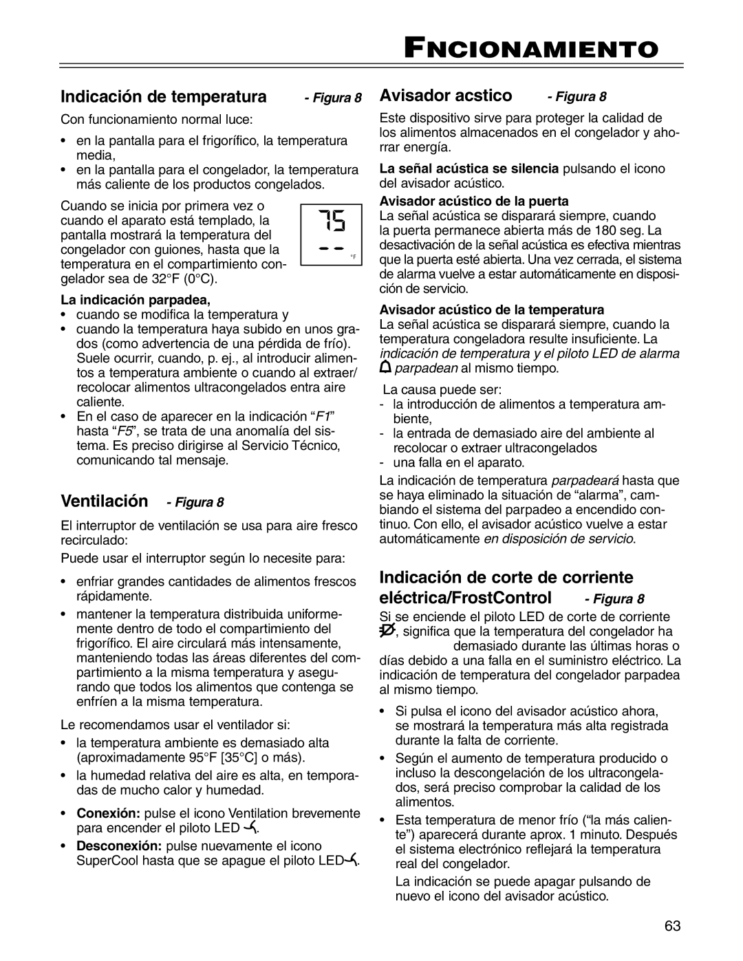 Liebherr CS1660 manuel dutilisation Indicación de temperatura Figura 8, Ventilación Figura 8, Avisador acústico Figura 